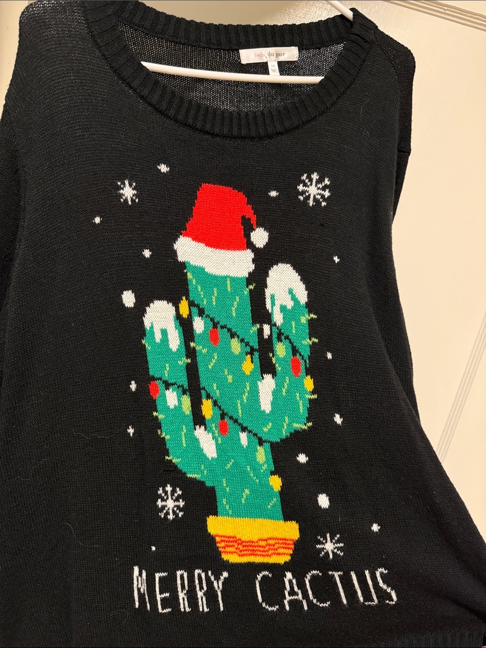 Belle Du Jour Black Sweater with Green Festive Cactus and Red Santa Hat